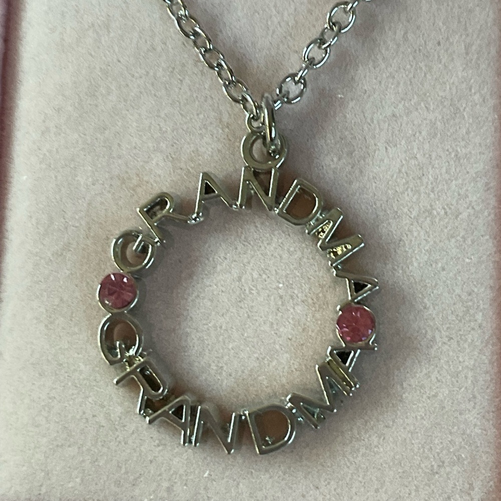 Grandma Silver Pink Stone Circle Necklace in Gift Box